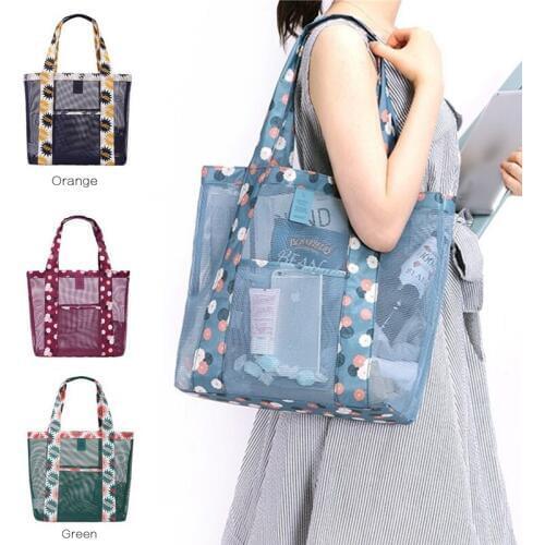 Women Folding Lunch Bags Large Capaticy Hollow Out Mesh Bag Portable Picnic Bag Storage Pouch Handbag Tote Outdoor Beach Bags