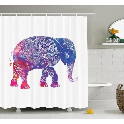Ethnic Shower Curtain Ethnic Far Eastern Elephant Figure with Asian Lines Watercolor Style Artwork Fabric Bathroom Decor