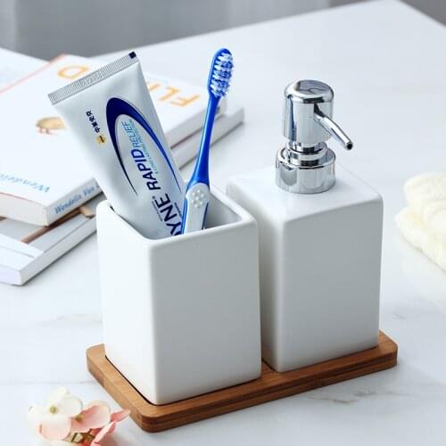 Ceramic Bathroom Accessories With Wood Tray Hand Washing Liquid Bottling with Cup Wood Pad Hotel Soap Dispenser Emulsion Bottle