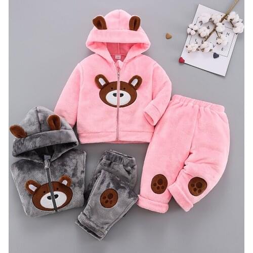 PatPat 2-piece Toddler Girl/Boy Bear Embroidered Zipper Hooded Fuzzy Coat and Pants Set
