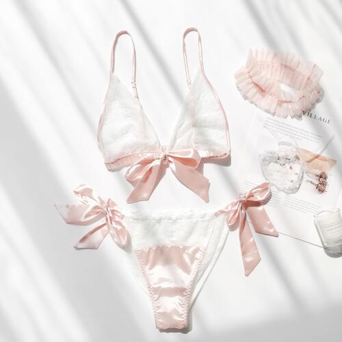 New Lotus Leaf Bow Ruffles Bralette Homewear Bra Panty Underwear Suit Wire Free Satin Bra Shorts Set Lingerie Women Brassiere