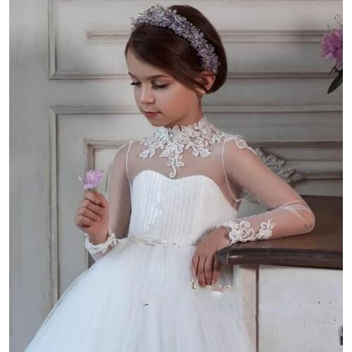Lace Cheap 2020 Flower Girl Dresses Ball Gown Sheer Neck Little Girl Wedding Dresses Cheap Communion Pageant Dresses Gowns