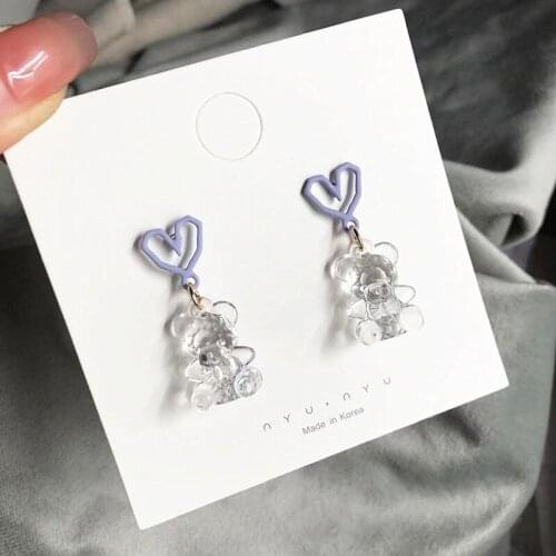 Sweet and lovely transparent bear small fresh temperament contrast color purple love wind Earrings