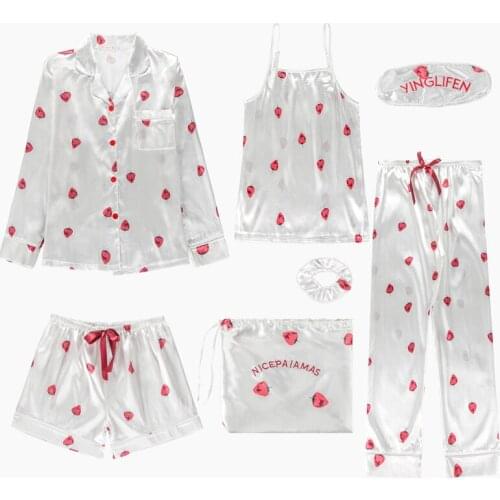 Fashion 7Pcs Set Silk Elegant Spring Women Pajamas Suit Summer Elastic Waist Pants Full Loungewear Girls Satin Sleepwear