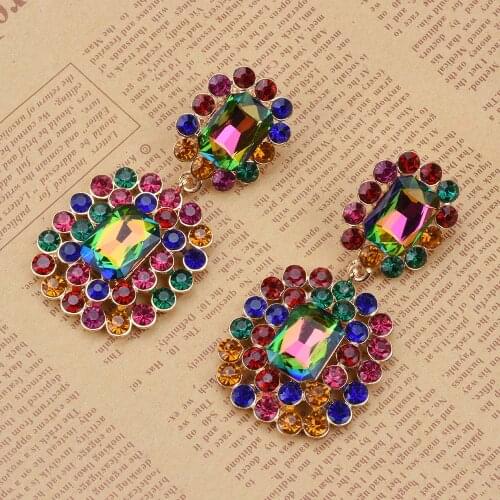 Fashion Colorful Crystal Rhinestone Geometirc Statement Drop Earrings For Women Jewelry Indian Ethnic Large Earring Female Party