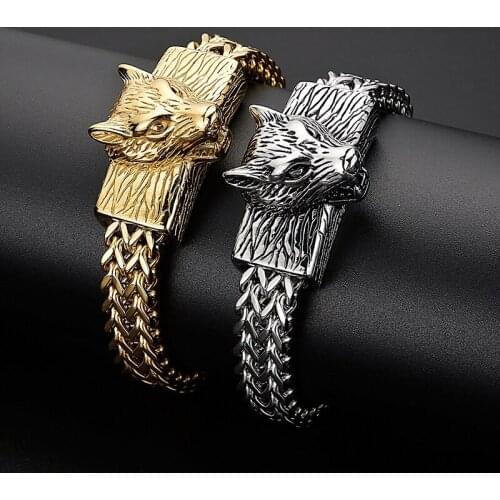 Fashion street shooting accessories, hip hop wolf head double row keel woven chain mens titanium steel bracelet