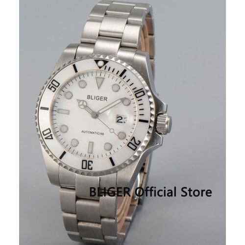 Sapphire Crystal BLIGER 43MM White Dial Ceramic Bezel Luminous Marks Date Magnifier Japan Miyota Automatic Movement Mens Watch