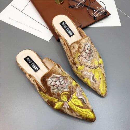 Women Fur Slides Mules Ethnic Satin Embroidery Slippers Casual Flats Shoes Woman Slip On Loafers Chic Mules Flower