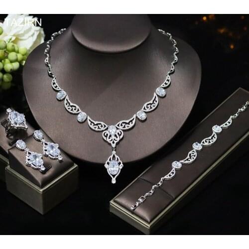 New Design Full Cubic Zirconia Wedding Bridal Jewelry Set CZ Necklace Bracelet Dangle Earrings and Ring Birthday Gift
