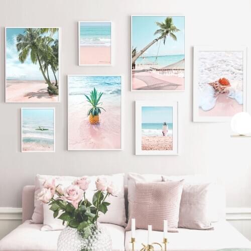 Pink Sea Beach Shell Pineapple Hammock Nordic Posters And Prints Wall Art Canvas PaintingWall Pictures For Living Room Decor