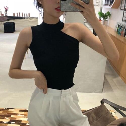 2021 New Fashion Tanks Top Women Sexy Tight Vest Female Off Shoulder Korean Version Bottom Knitted Sleeveless Short Lady Shirt