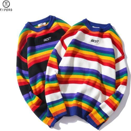 New Fashion 2020 Spring Retro Men Sweater Round Neck Sweater Rainbow Striped Couple Sweater Men and Women Lovers Loose Tops