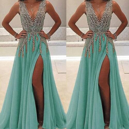 SuperKimJo Beaded Prom Dresses Long Mint Green V Neck Tulle Elegant Prom Gown Vestidos De Fiesta De Noche Largos Elegantes Nuevo