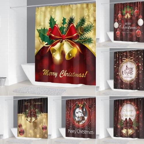 Merry Christmas Shower Curtains Waterproof Polyester Santa Claus Bell Bathroom Curtain Happy New Year Festival Party Decoration