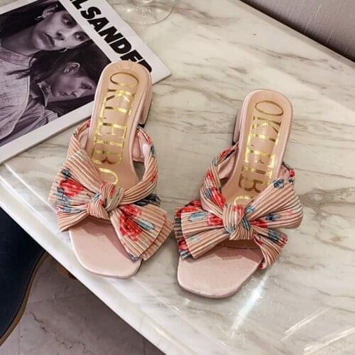 Sweet Bowknot Fashion Trend Square Toe Mid-Heel Sandals And Slippers Summer New Casual Comfortable Womens Shoes