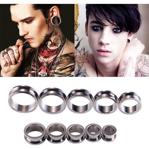 TIANCIFBYJS Stainless Steel Silver Black Ear Plug Flesh Tunnels Screw Gauge Expander Hollow Piercing Stretcher Body Jewelry 2pcs