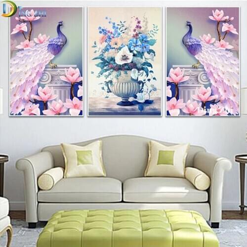 Triptych Peafowl 5D Diamond Painting Flowers Home Decoration Diy Mosaic Full Square Round Drill Cross Stitch Embroidery By Hand