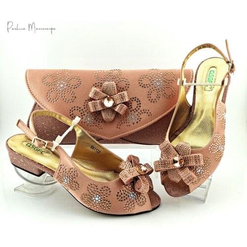 African 2021 Italian Design Hot Selling Flower Style Rhinestone Peach Color Ladies Shoes and Bag Set for Party Wedding