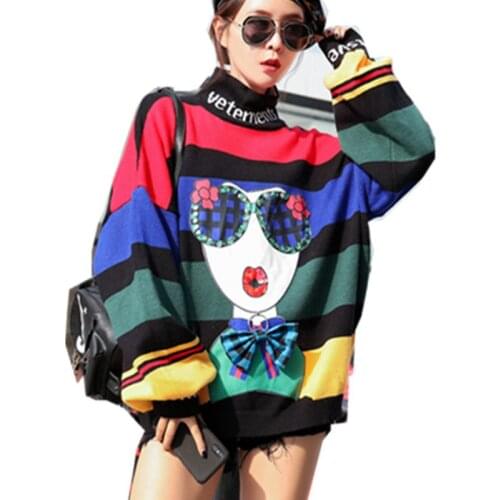 2021 High Neck Knitted Sweater Autumn Winter Fashion Pullover Tops Women Cartoon Sequins Loose Plus Size Bow Long Sleeve Clothes