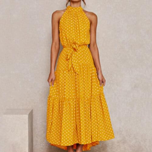 Summer Cotton Womens Dress Turtleneck Sleeveless Pullover Polka Dot Print Sashes Fashion Casual Dress