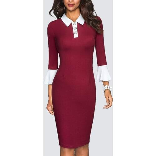 Women Classic Elegant Flare Sleeve Lapel with Buttons Lady Bodycon Office Pencil Dress 1HB598
