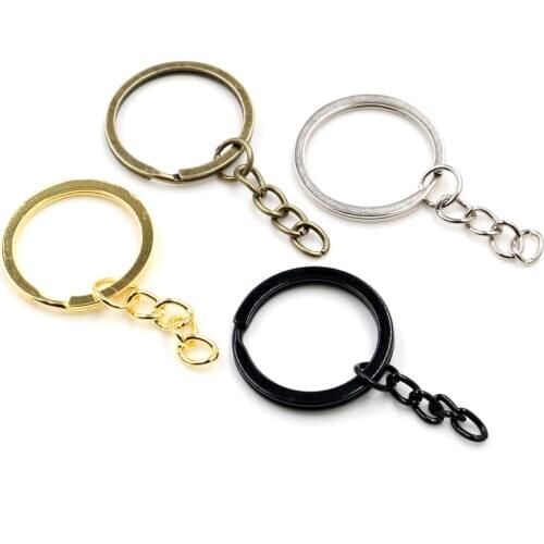 20pcs/lot Key Ring Key Chain ( Ring Size 28mm) Fashion Gold Color Rhodium Black Plated 50mm Long Round Keychain Keyrings