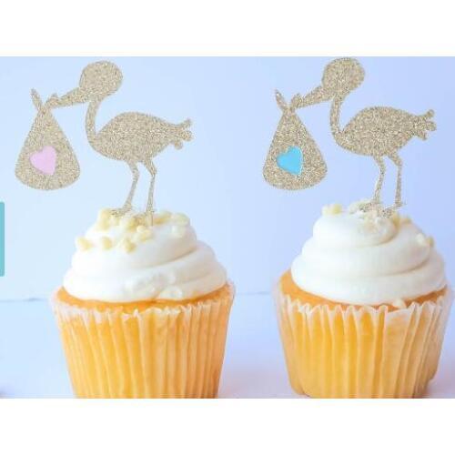 Glitter storks Party Treat Picks / Cupcake Toppers Baby Shower/Gender Reveal cupcake decor toppers