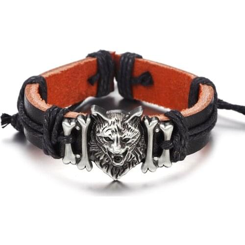 Octbyna New Product Punk Wolf Head Ornament Genuine Leather Bracelets For Men Cuff Bangle Wristband Jewelry Gifts Dropshipping