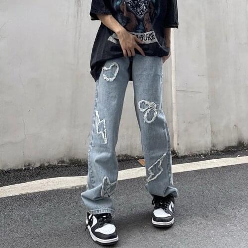 Heart-shaped Embroidery Jeans Men Women Harajuku Retro Vibe Fringe Denim Pants Mens Hip Hop Straight Oversize Baggy Trousers