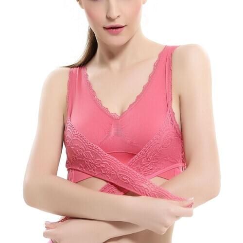 EFINNY Solid Color Sexy Lingerie Women Lace Cross Side Buckle Wireless Push Up Sports Underwear Breathable Sleep Bra