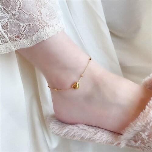 Elegant Gold Color Stainless Steel Heart Ankle Bracelet For Women Summer Foot Jewelry, Fashion Bead Leg Chain Anklet Female