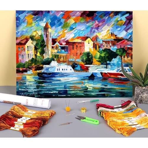 Oil Painting Style Cozumel Printed Canvas 11CT Cross-Stitch Embroidery Patterns DMC Threads Hobby Handmade Craft Stamped