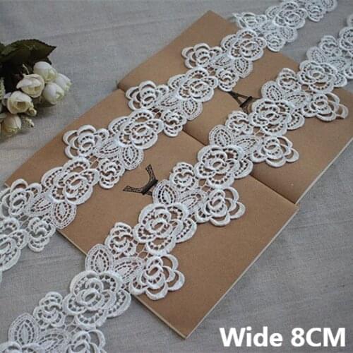 8CM Wide White Polyester Cotton Embroidery Flowers Lace Fabric Collar Neckline Cuffs Trimmings Wedding Dress Sewing Handicraft