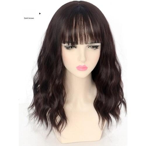 Fashion Dark Brown Wavy Synthetic Wigs with Bangs Natural Hair Wig for Women Heat Resistant Daily Cosplay Wig Party Hairpiece