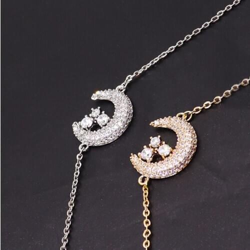 OKILY Trendy Gold Silver Color Zirconia Moon with Star Bracelet Women Charm Copper Bracelets Party Wedding Jewelry Accessories