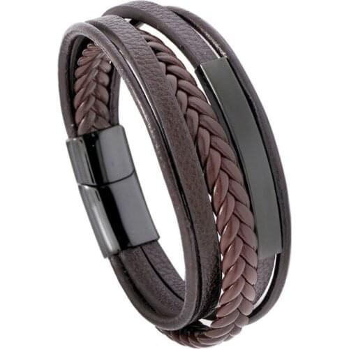 Fashion Vintage Punk Stainless Steel Charm Bracelet Cuff Retro Braided Leather Magnetic Button Bangle Wristbands Casual Jewelry