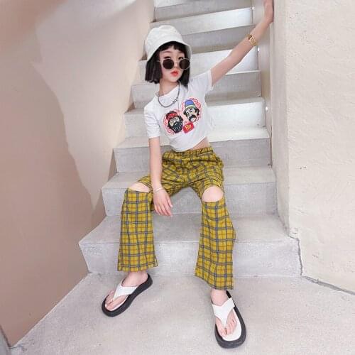 New Plaid Hole Wide Leg Pants Suit Short Sleeve Crew Neck Kids Casual Clothes for 3-15 Years Summer Girls Suit Two Pieces