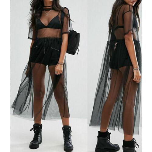New Women Sexy Mesh Sheer Net See-through Short Sleeve Bikini Cover Up Beach Wear Summer Solid Dress Mesh Midi Dress