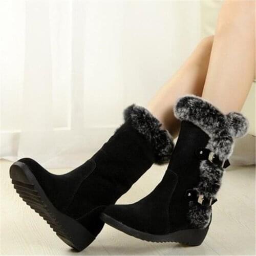 New Winter Women Boots Casual Warm Fur Mid-Calf Boots Shoes Women Slip-On Round Toe Wedges Snow Boots Shoes Muje Plus Size 42