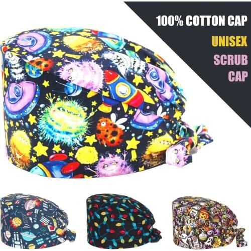 New Surgicals Cap Cotton Adjustable Beauty Salon Lab Dental Clinic Nursing Hats Anime Printing Working Scrubs Caps Long hair