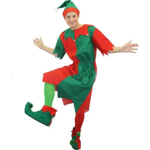 Xingqing Christmas Elf Costume Adult Ruffled Collar Short Sleeves Color Block Dress Unisex Costume Xmas Dresses Party Clothes