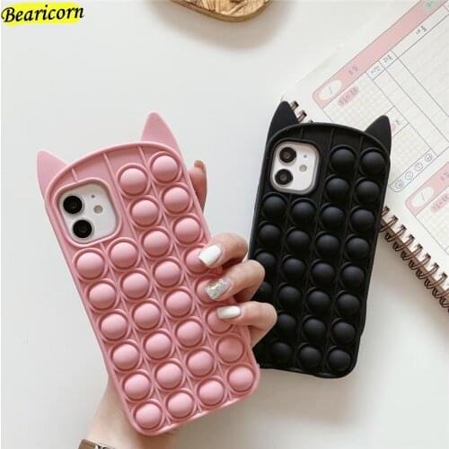 Pop Fidget Toys Push Bubble Silicone Beans Case For iPhone 6 6s 7 8 Plus X XR XS 11 12 Pro Max SE 3D Cartoon Cat Kitty Cover