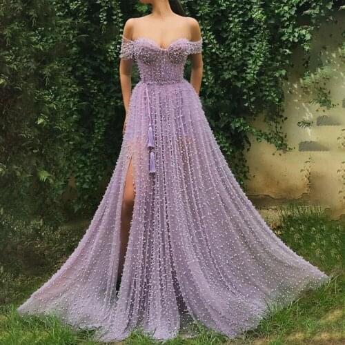 Lilac Muslim Evening Dresses Luxury A-line Off The Shoulder Tulle Pearls Dubai Saudi Arabic Long Formal Evening Gown Proms