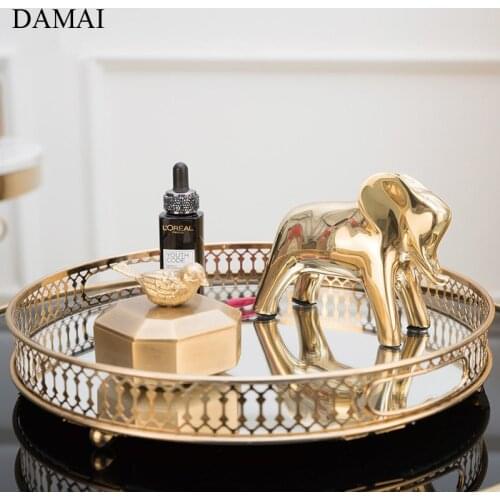 Modern Hollow Trays Golden Stroke Cosmetics Container Gilded Craft Glass Mirror Jewelry Storage Tray Dressing Table Organizer