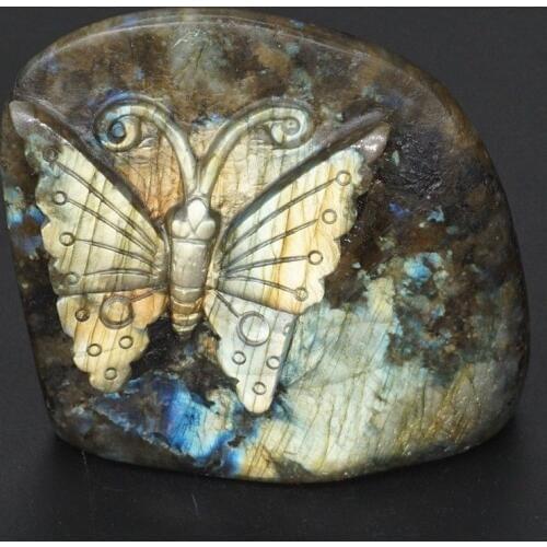 3.0" Natural Gemstone Labradorite Hand-Carved Butterfly Statue Crafts Home Office Decor Collection