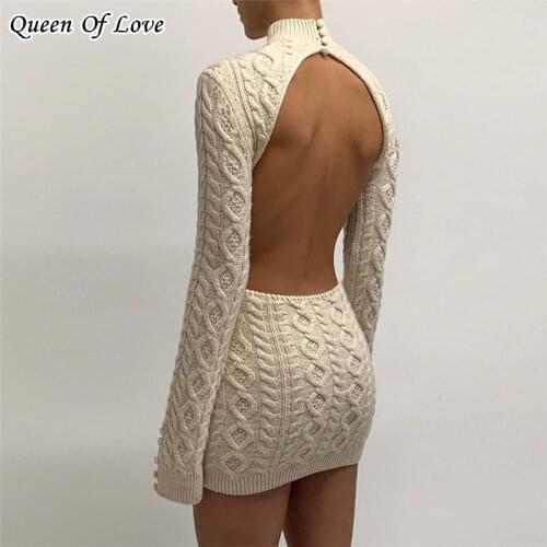 Sexy Long Sleeve Backless Knitted Mini Dress 2021 New Autumn Fashion Elegant Turtleneck Coarse Wool Twist Dresses Outfits