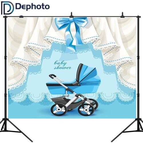 DePhoto Vinyl Photography Backgrounds Baby Shower Blue Bow Baby Carriage Birthday Party Children Backdrop Photo Studio