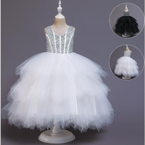 High-grade Fluffy Girls dress Sequin sleeveless kids dresses for girls wedding party dress new year strap christmas Formal dress