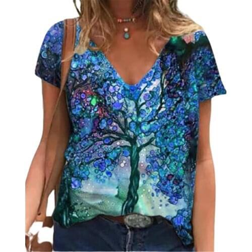 3D Floral Print Women T Shirt 2021 New Summer Short Sleeve V-Neck Casual Loose Tops Oversize Female Streetwear Top Tee Plus Size