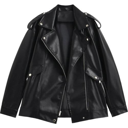 Streetwear Loose Lapel Chic Epaulettes Women Khaki Fake Leather Jacket Korean Long sleeves Biker Jacket Autumn Casual Punk coat
